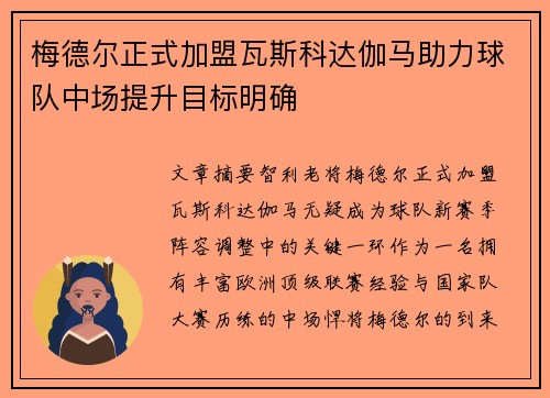 梅德尔正式加盟瓦斯科达伽马助力球队中场提升目标明确