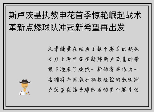 斯卢茨基执教申花首季惊艳崛起战术革新点燃球队冲冠新希望再出发